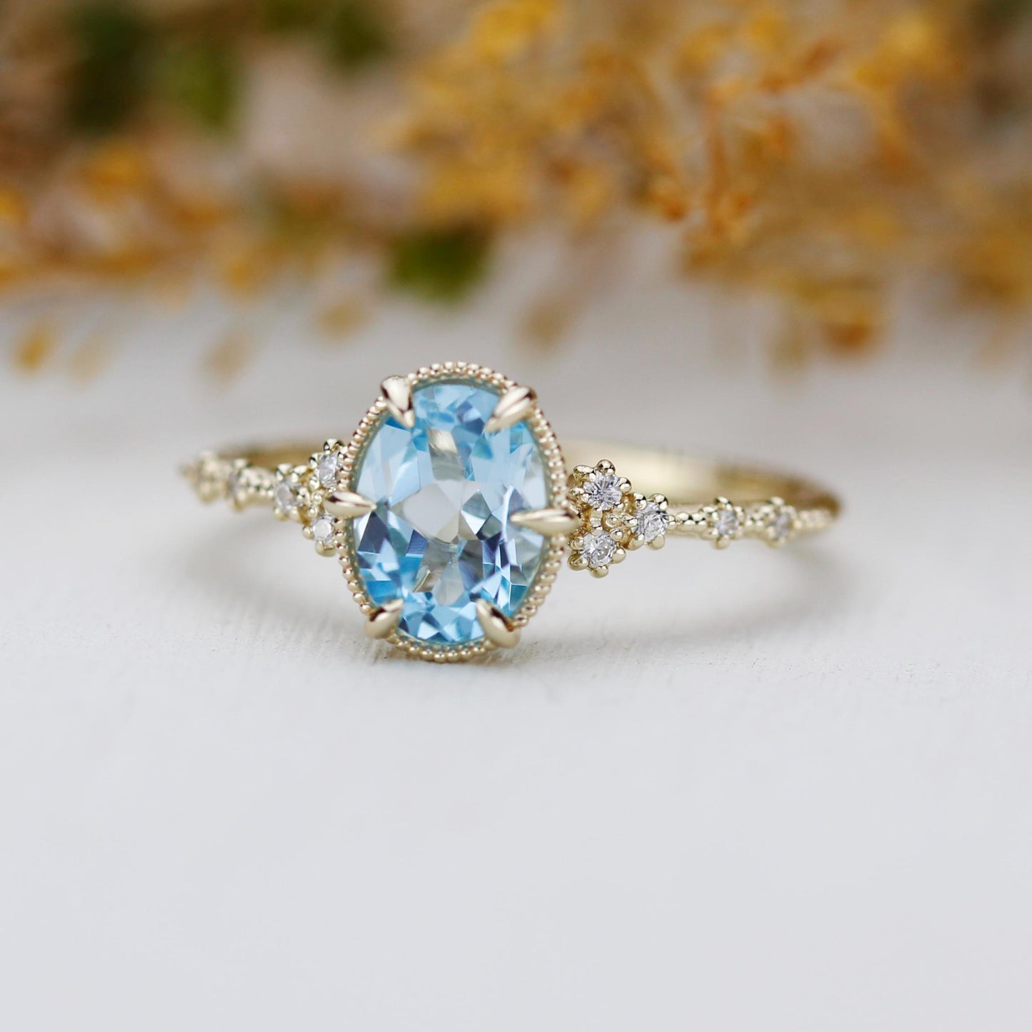 Dainty Blue Topaz Engagement Ring, Oval Sky Blue Topaz and Diamond Ring, 18k Solid Gold Minimalist Ring, December Birthstone Promise Ring