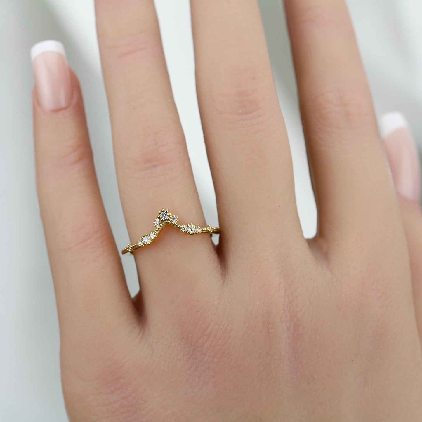 V Shaped Diamond Wedding Band | Gold Curved Stacking Ring | Delicate Handmade Diamond Band | Custom Fit Ring | Natural G VS Diamonds