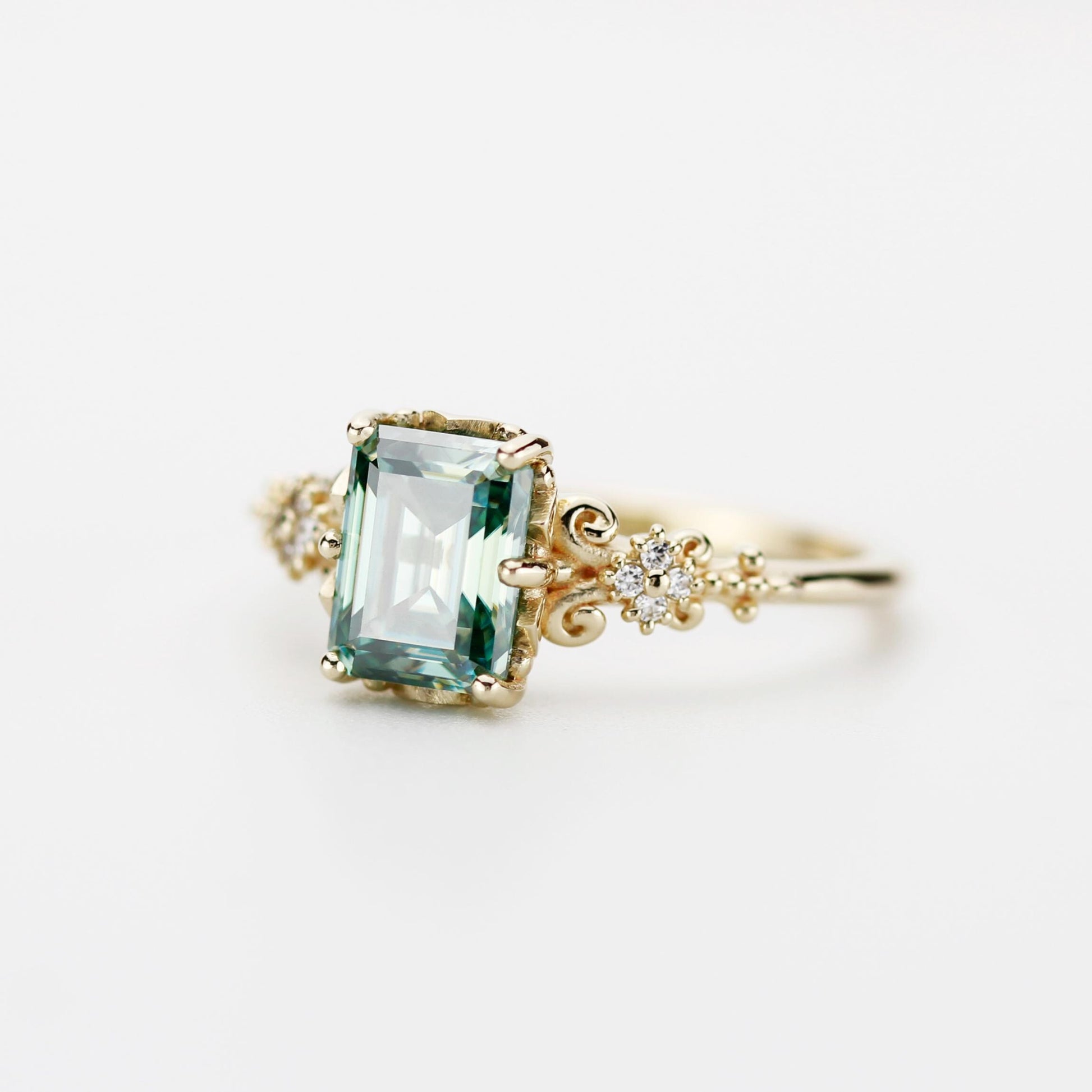 Teal Moissanite Ring 18K Gold Emerald Cut, Vintage Diamond Ring, Certified Moissanite, Antique Style Jewelry