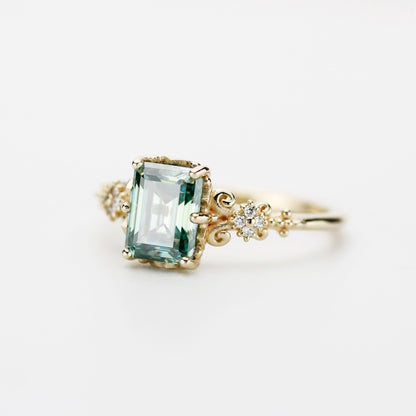 Teal Moissanite Ring 18K Gold Emerald Cut, Vintage Diamond Ring, Certified Moissanite, Antique Style Jewelry