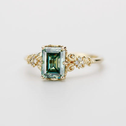Teal Moissanite Ring 18K Gold Emerald Cut, Vintage Diamond Ring, Certified Moissanite, Antique Style Jewelry