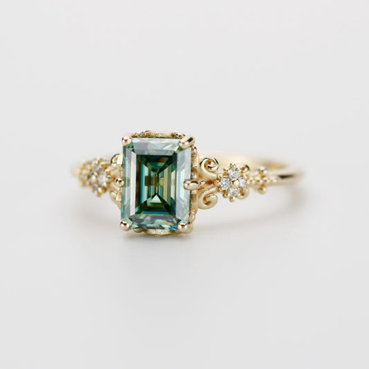 Teal Moissanite Ring 18K Gold Emerald Cut, Vintage Diamond Ring, Certified Moissanite, Antique Style Jewelry