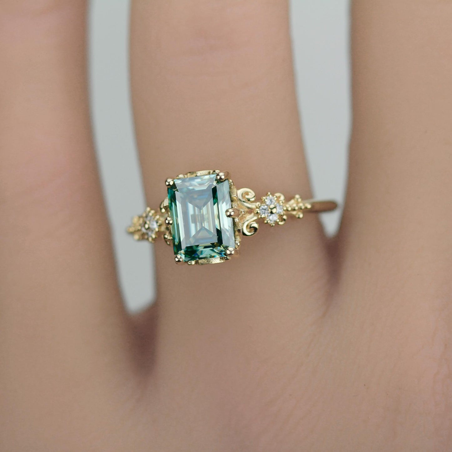 Teal Moissanite Ring 18K Gold Emerald Cut, Vintage Diamond Ring, Certified Moissanite, Antique Style Jewelry