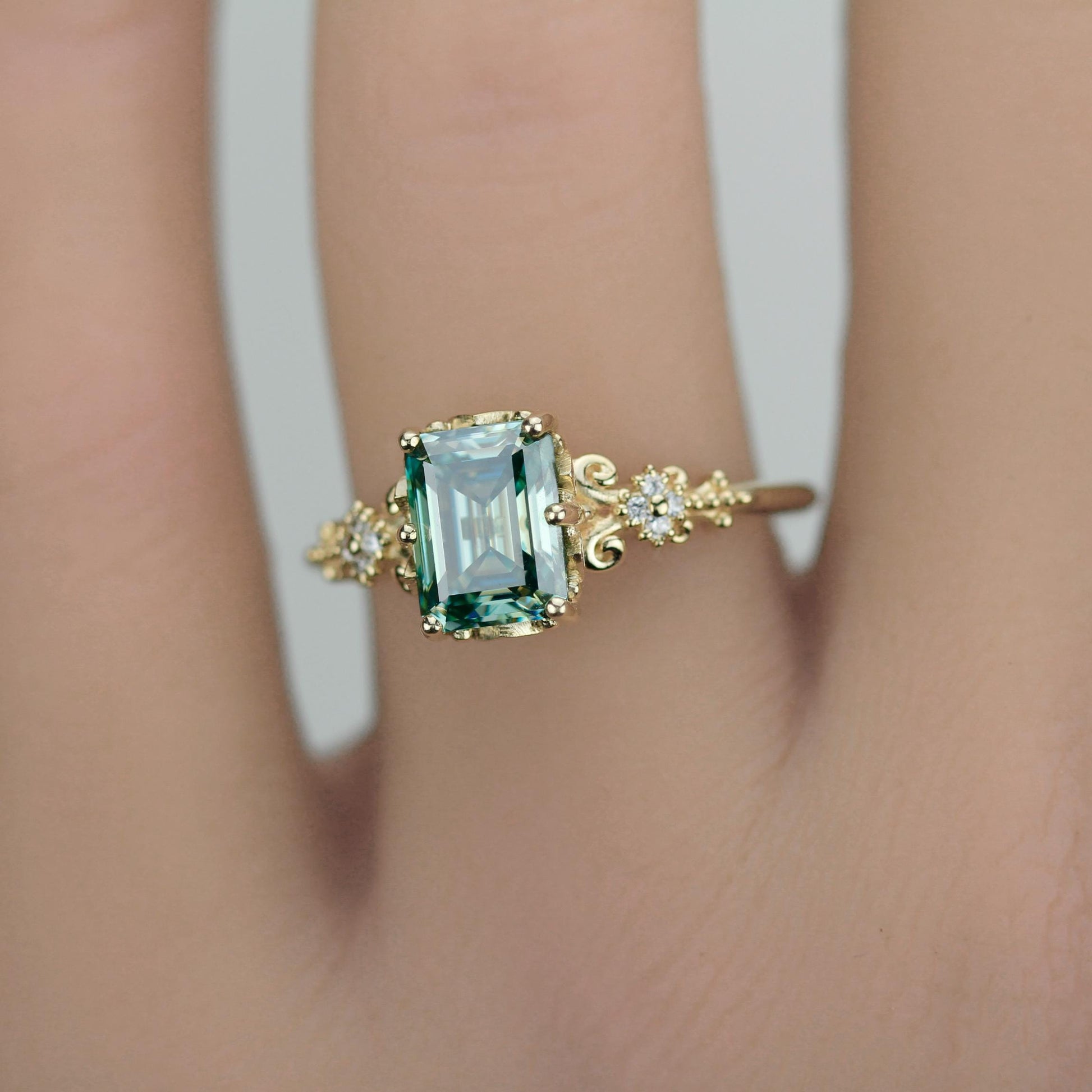 Teal Moissanite Ring 18K Gold Emerald Cut, Vintage Diamond Ring, Certified Moissanite, Antique Style Jewelry