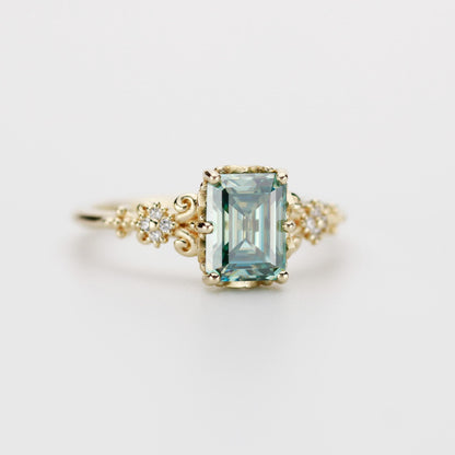 Teal Moissanite Ring 18K Gold Emerald Cut, Vintage Diamond Ring, Certified Moissanite, Antique Style Jewelry