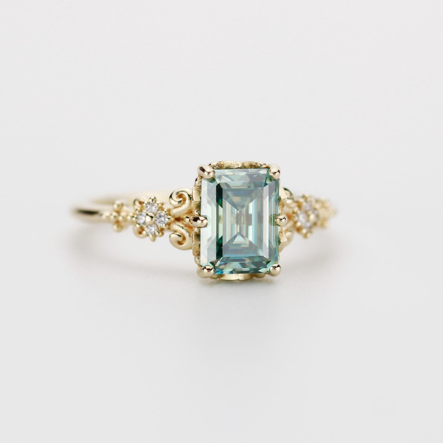 Teal Moissanite Ring 18K Gold Emerald Cut, Vintage Diamond Ring, Certified Moissanite, Antique Style Jewelry