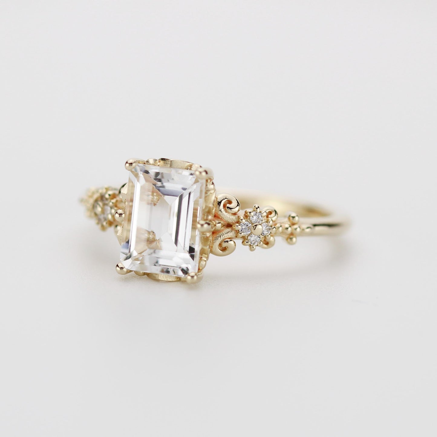 Elegant Emerald Cut White Stone Ring, 18K Gold, Diamond Accents, Promise Ring for Her