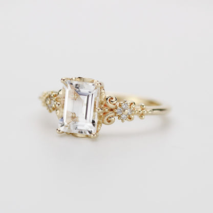 Elegant Emerald Cut White Stone Ring, 18K Gold, Diamond Accents, Promise Ring for Her