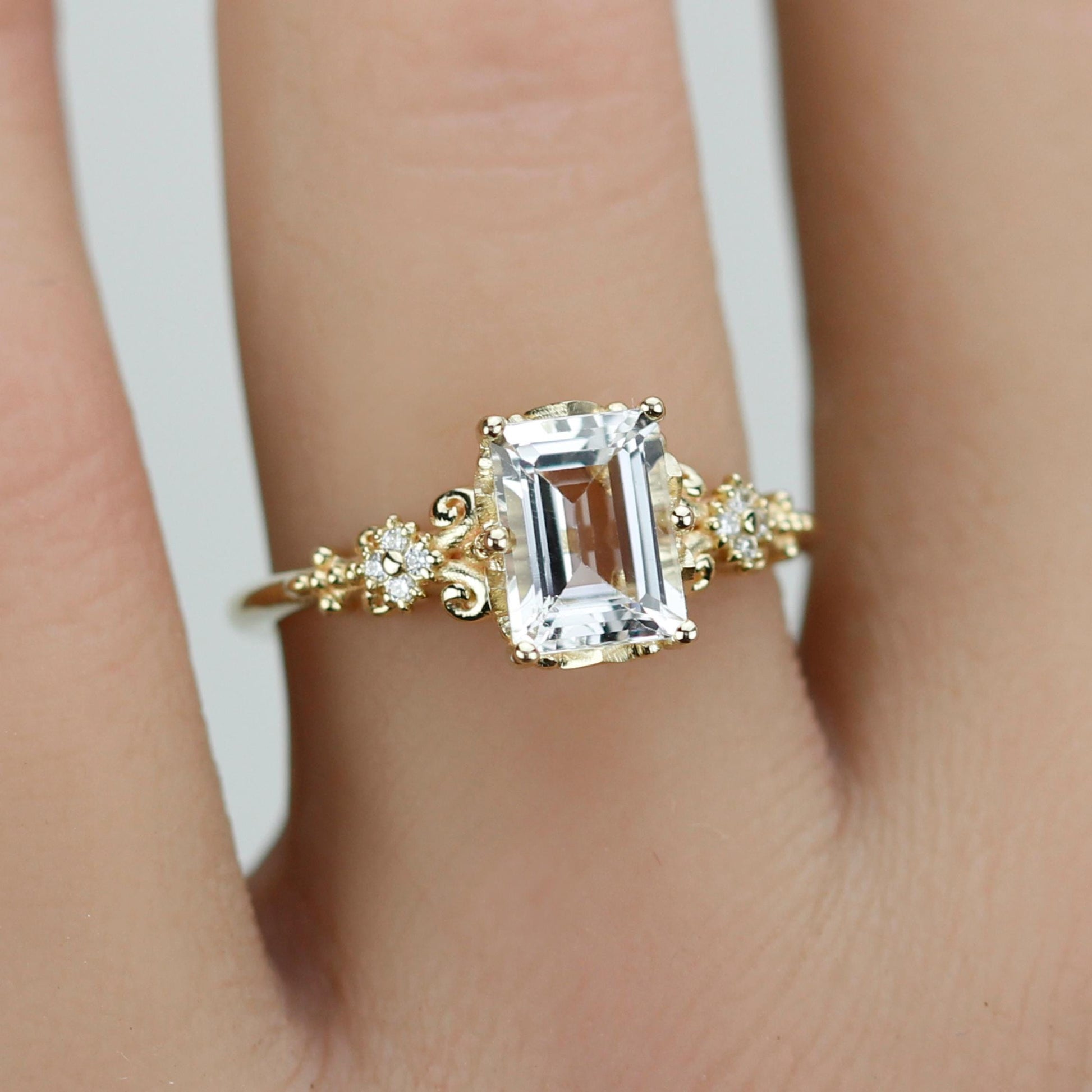 Elegant Emerald Cut White Stone Ring, 18K Gold, Diamond Accents, Promise Ring for Her