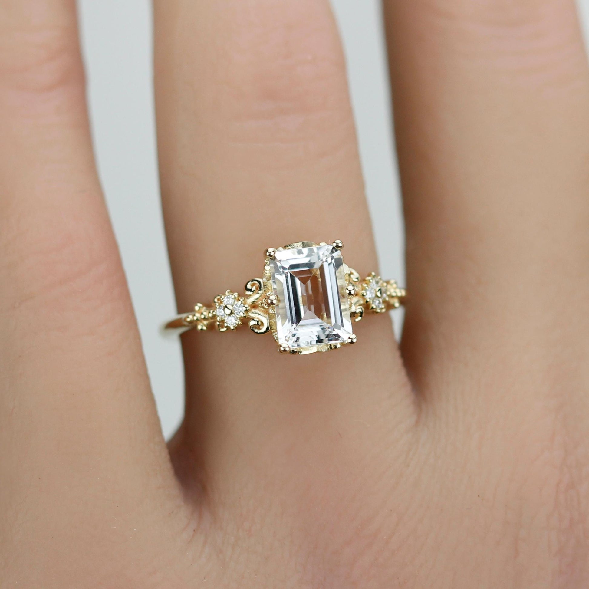 Elegant Emerald Cut White Stone Ring, 18K Gold, Diamond Accents, Promise Ring for Her