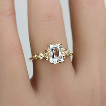 Elegant Emerald Cut White Stone Ring, 18K Gold, Diamond Accents, Promise Ring for Her