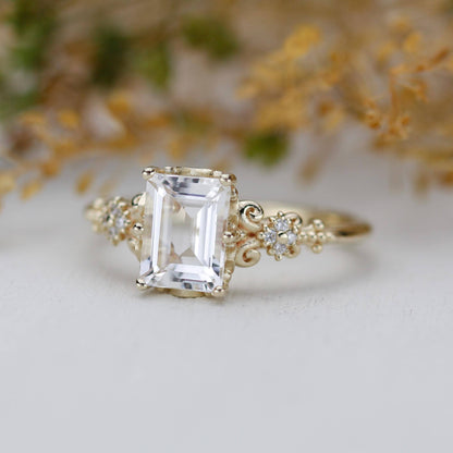 Elegant Emerald Cut White Stone Ring, 18K Gold, Diamond Accents, Promise Ring for Her