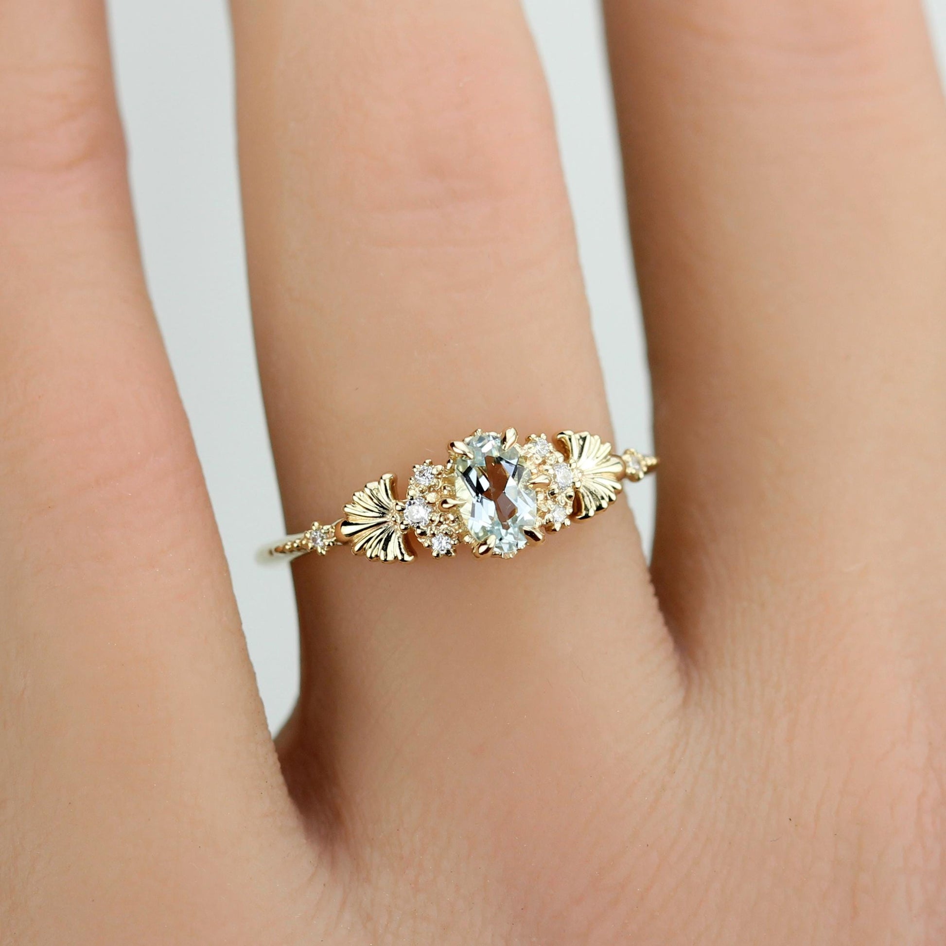 Engagement Ring with Oval Aquamarine and Diamonds – Promise, Anniversary, or Wedding Gift in Gold