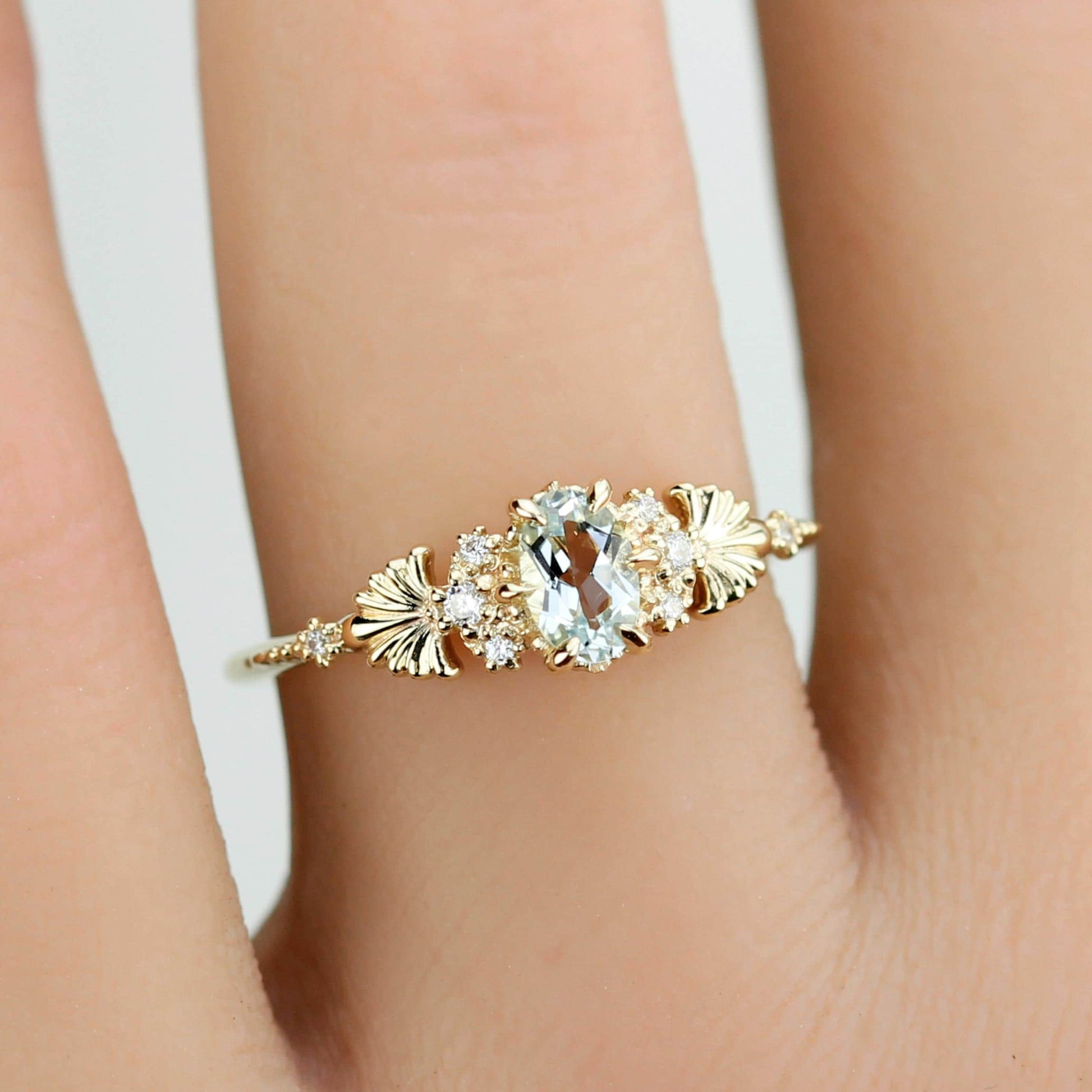 Engagement Ring with Oval Aquamarine and Diamonds – Promise, Anniversary, or Wedding Gift in Gold