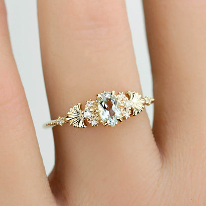 Engagement Ring with Oval Aquamarine and Diamonds – Promise, Anniversary, or Wedding Gift in Gold