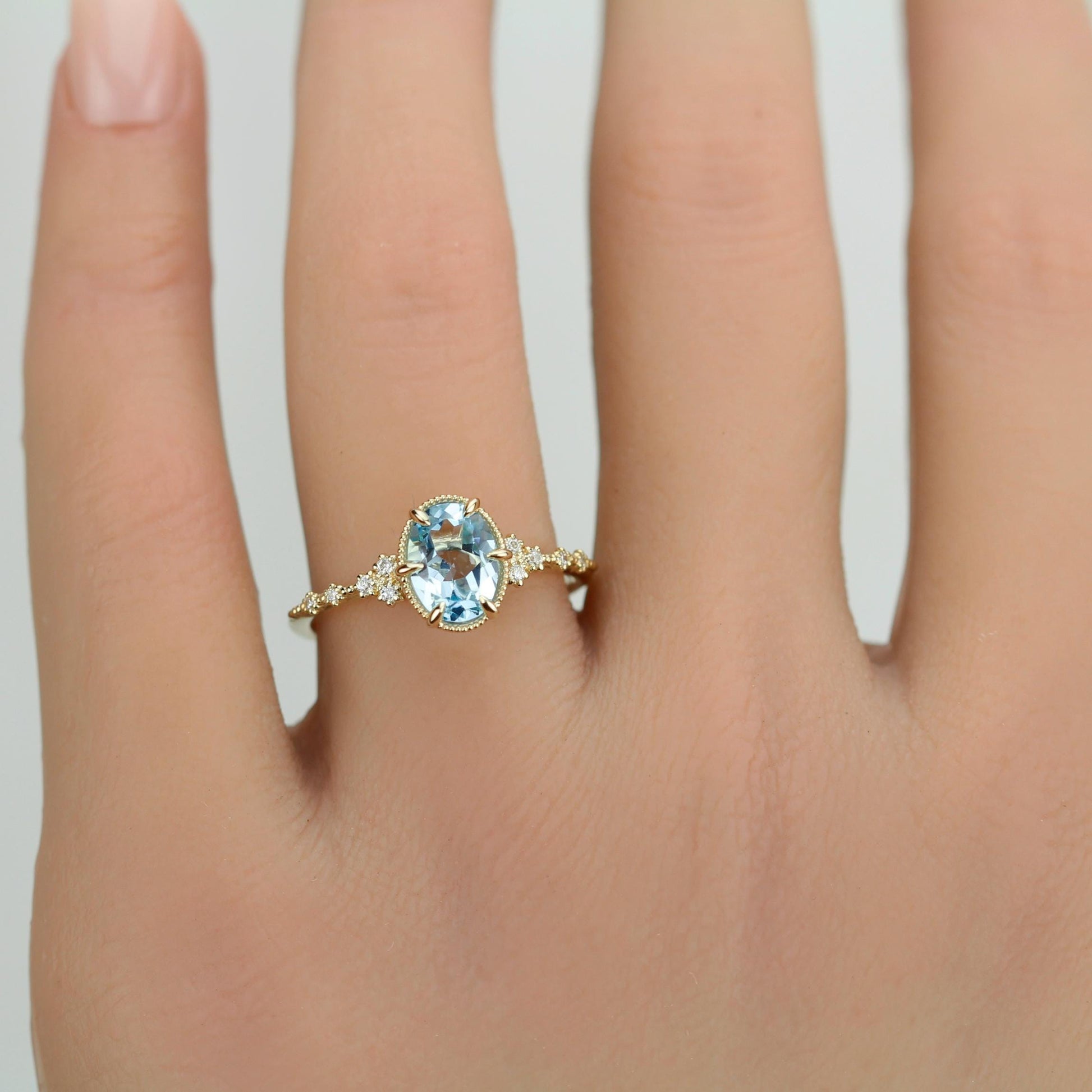 Dainty Blue Topaz Engagement Ring, Oval Sky Blue Topaz and Diamond Ring, 18k Solid Gold Minimalist Ring, December Birthstone Promise Ring