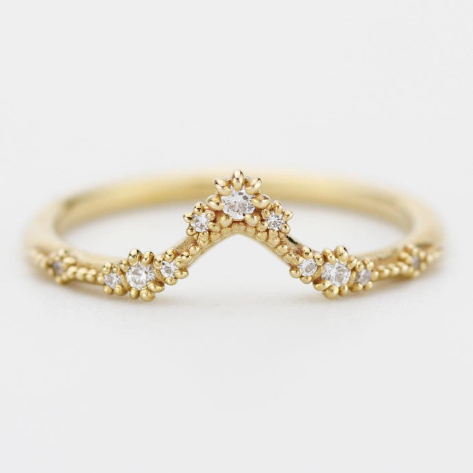 Delicate V-shaped gold wedding band with natural G color VS clarity diamonds, curved design for stacking, handmade to order and custom fit.
