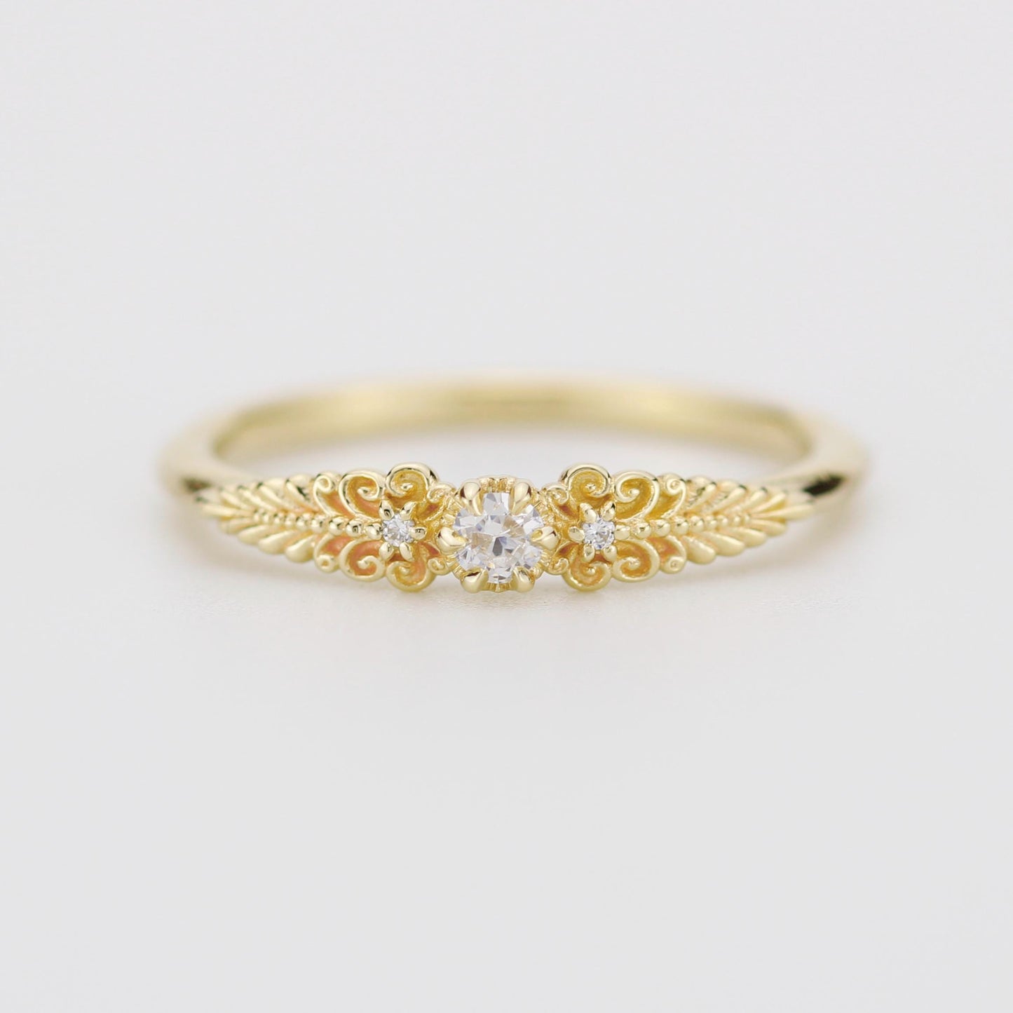 Vintage-Inspired Handmade 18k Gold Diamond Ring | Unique Anniversary Gift with Scrolls and Leaves | Custom Engagement Jewelry