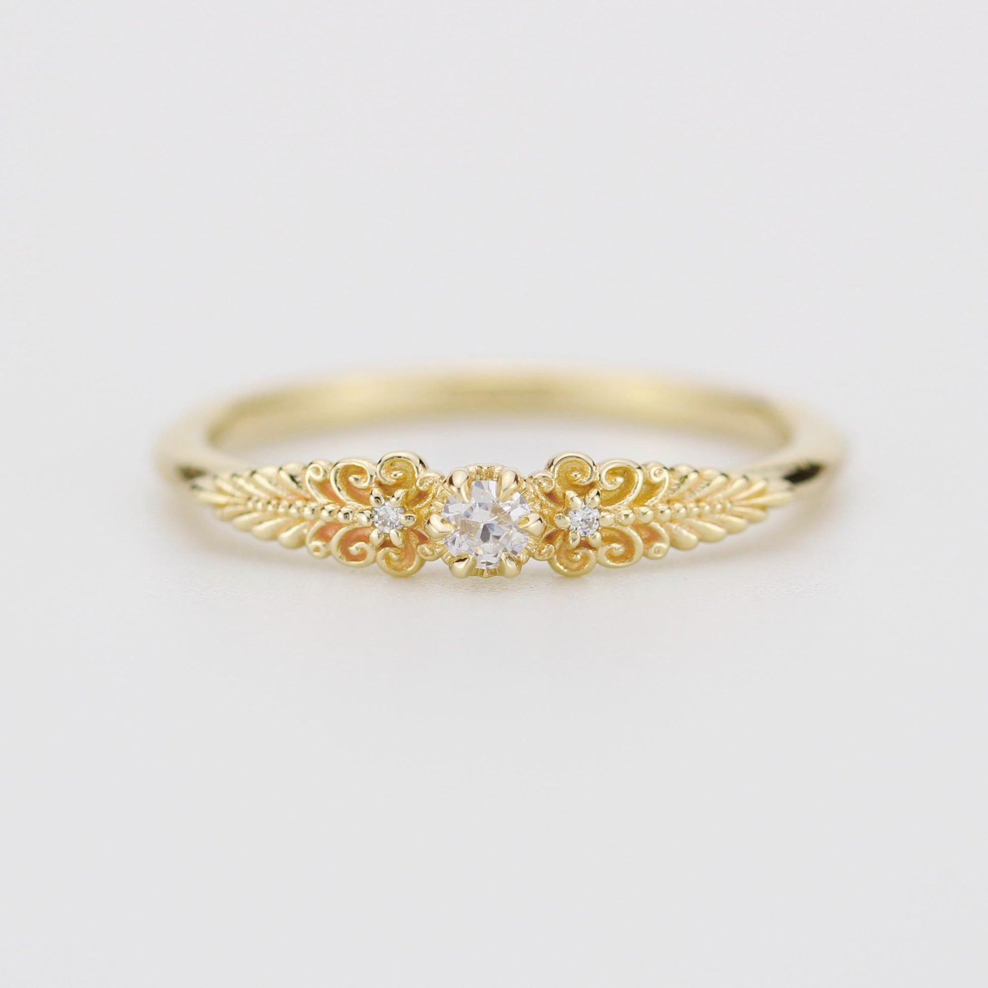 Vintage-Inspired Handmade 18k Gold Diamond Ring | Unique Anniversary Gift with Scrolls and Leaves | Custom Engagement Jewelry