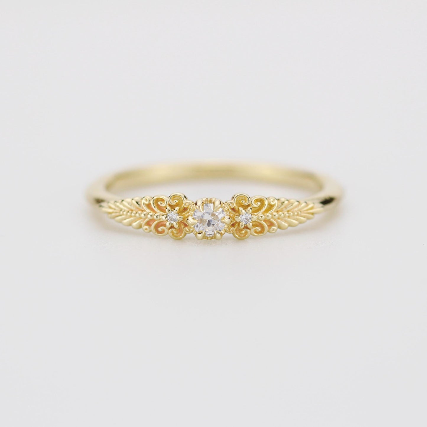 Vintage-Inspired Handmade 18k Gold Diamond Ring | Unique Anniversary Gift with Scrolls and Leaves | Custom Engagement Jewelry