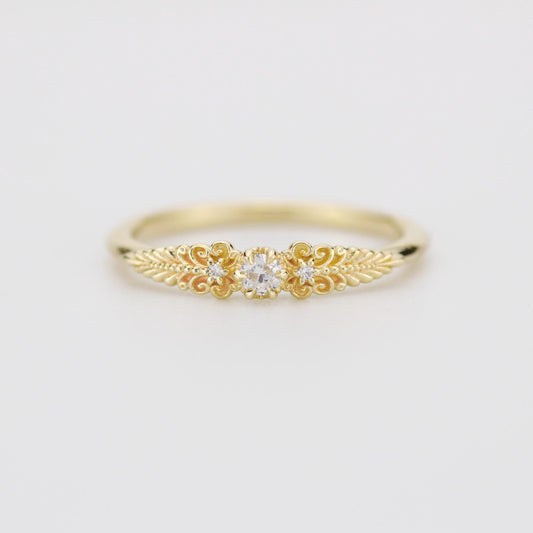 Vintage-Inspired Handmade 18k Gold Diamond Ring | Unique Anniversary Gift with Scrolls and Leaves | Custom Engagement Jewelry
