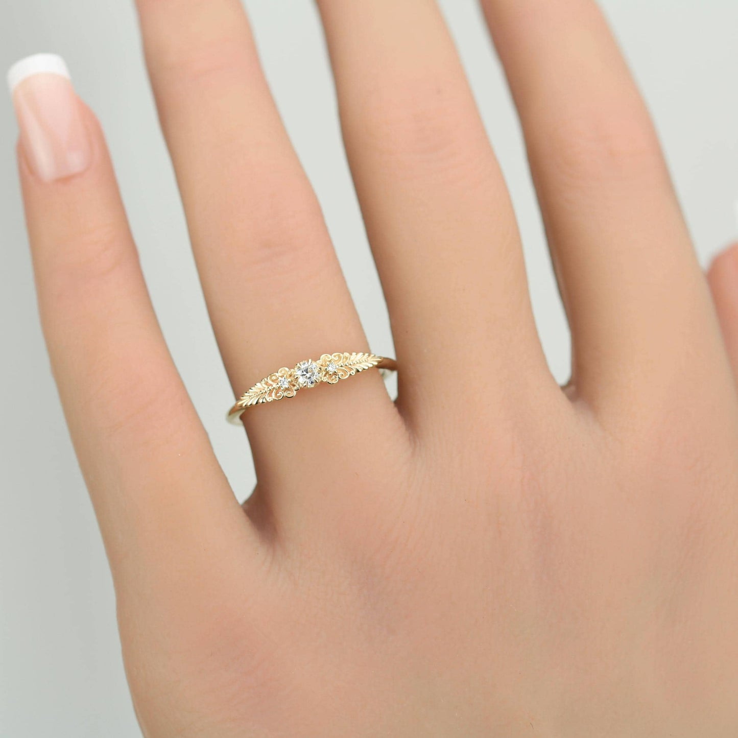 Vintage-Inspired Handmade 18k Gold Diamond Ring | Unique Anniversary Gift with Scrolls and Leaves | Custom Engagement Jewelry