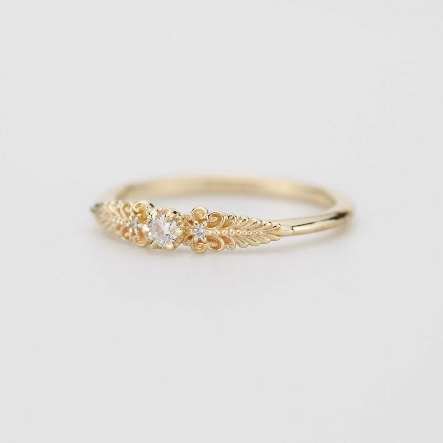Vintage-Inspired Handmade 18k Gold Diamond Ring | Unique Anniversary Gift with Scrolls and Leaves | Custom Engagement Jewelry