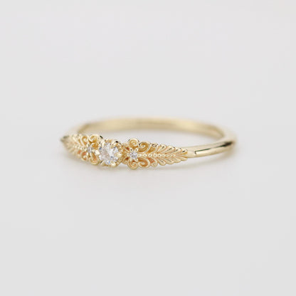Vintage-Inspired Handmade 18k Gold Diamond Ring | Unique Anniversary Gift with Scrolls and Leaves | Custom Engagement Jewelry