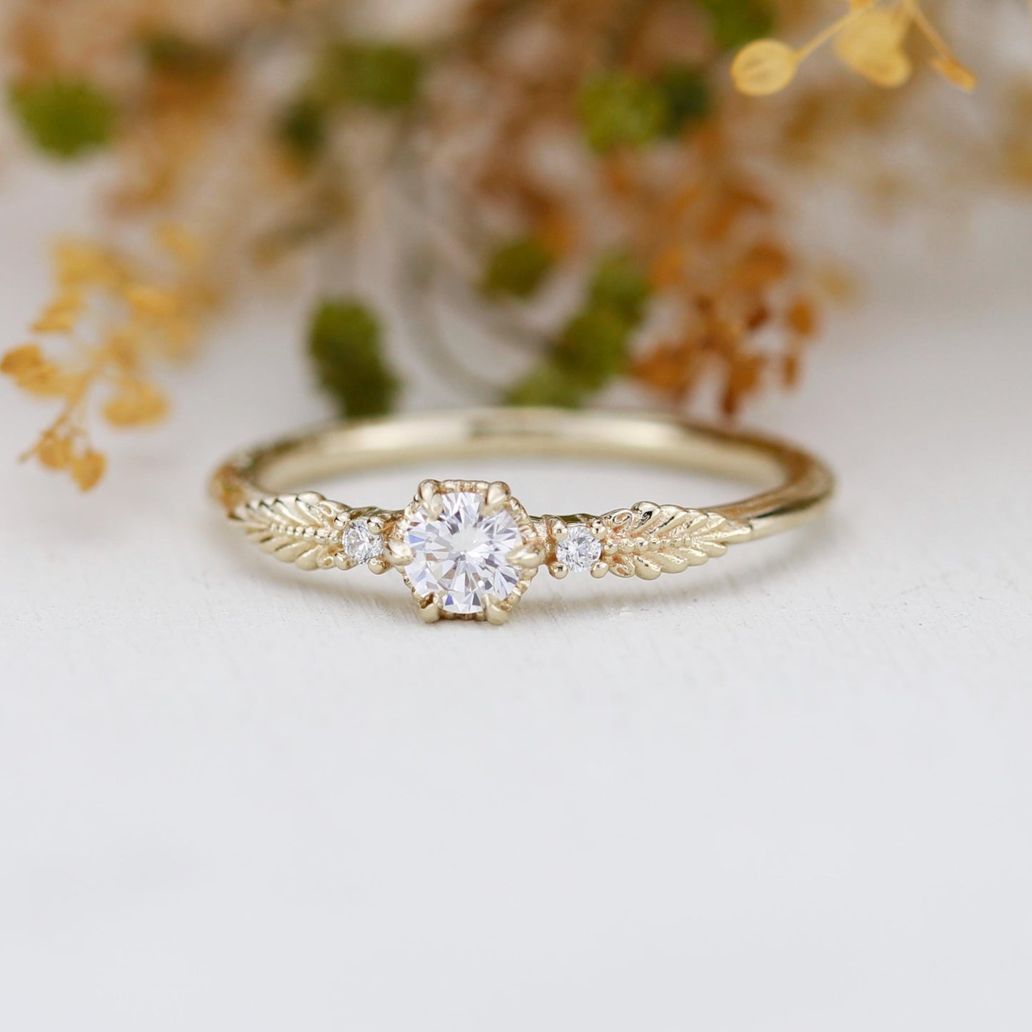 Vintage Style Round Diamond Engagement Ring, Simple Three Stone Design in 18k Solid Gold with Natural Diamonds