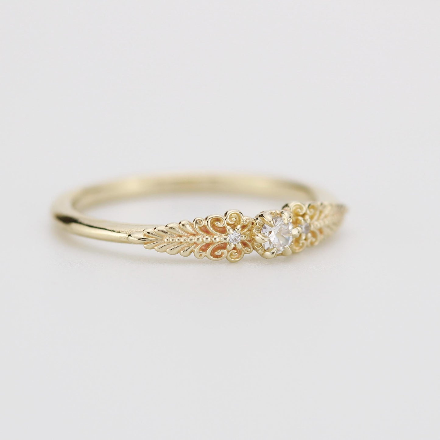 Vintage-Inspired Handmade 18k Gold Diamond Ring | Unique Anniversary Gift with Scrolls and Leaves | Custom Engagement Jewelry