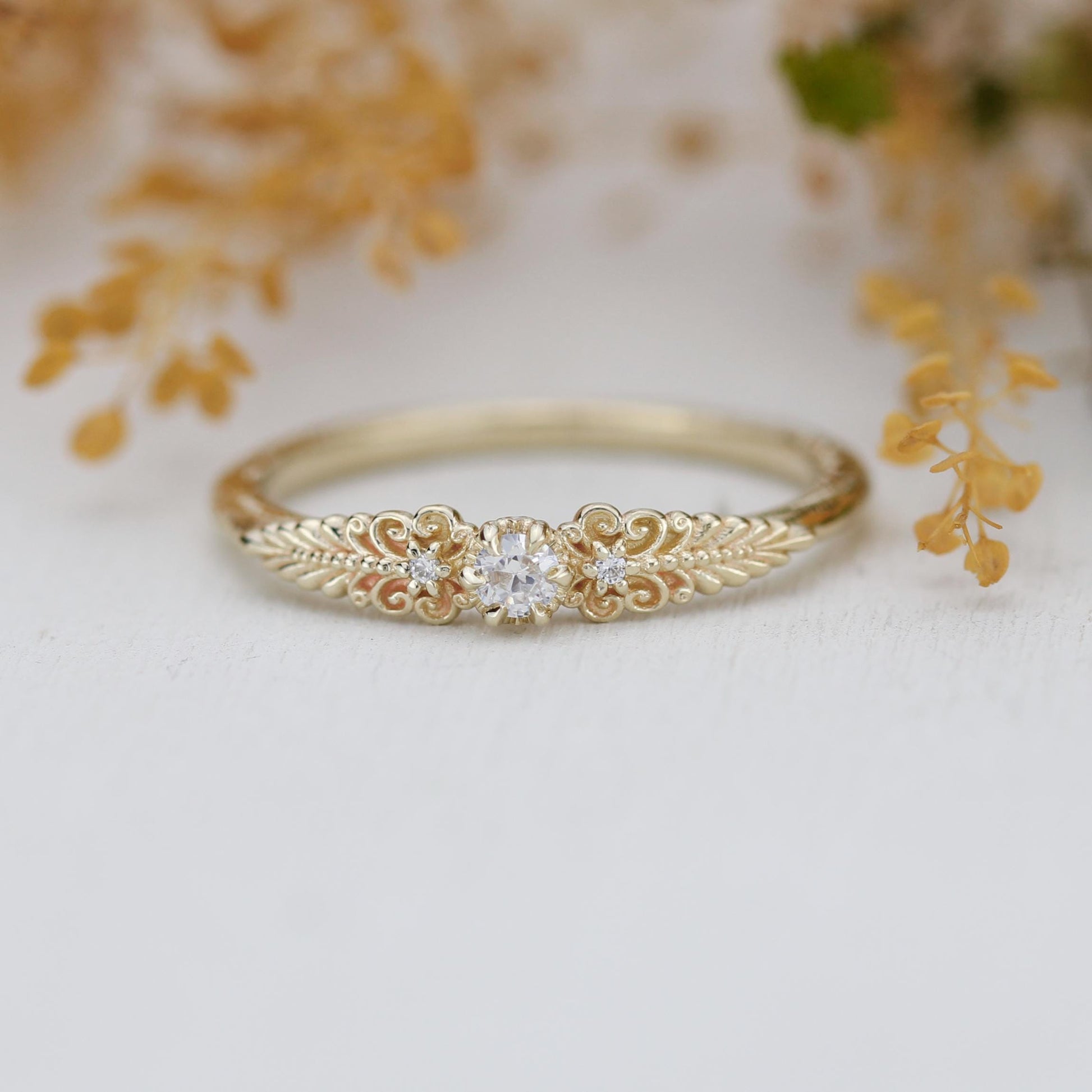 Vintage-Inspired Handmade 18k Gold Diamond Ring | Unique Anniversary Gift with Scrolls and Leaves | Custom Engagement Jewelry