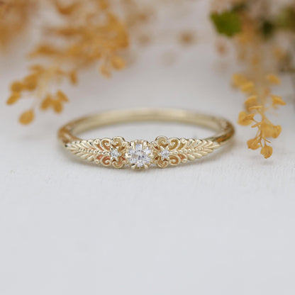 Vintage-Inspired Handmade 18k Gold Diamond Ring | Unique Anniversary Gift with Scrolls and Leaves | Custom Engagement Jewelry