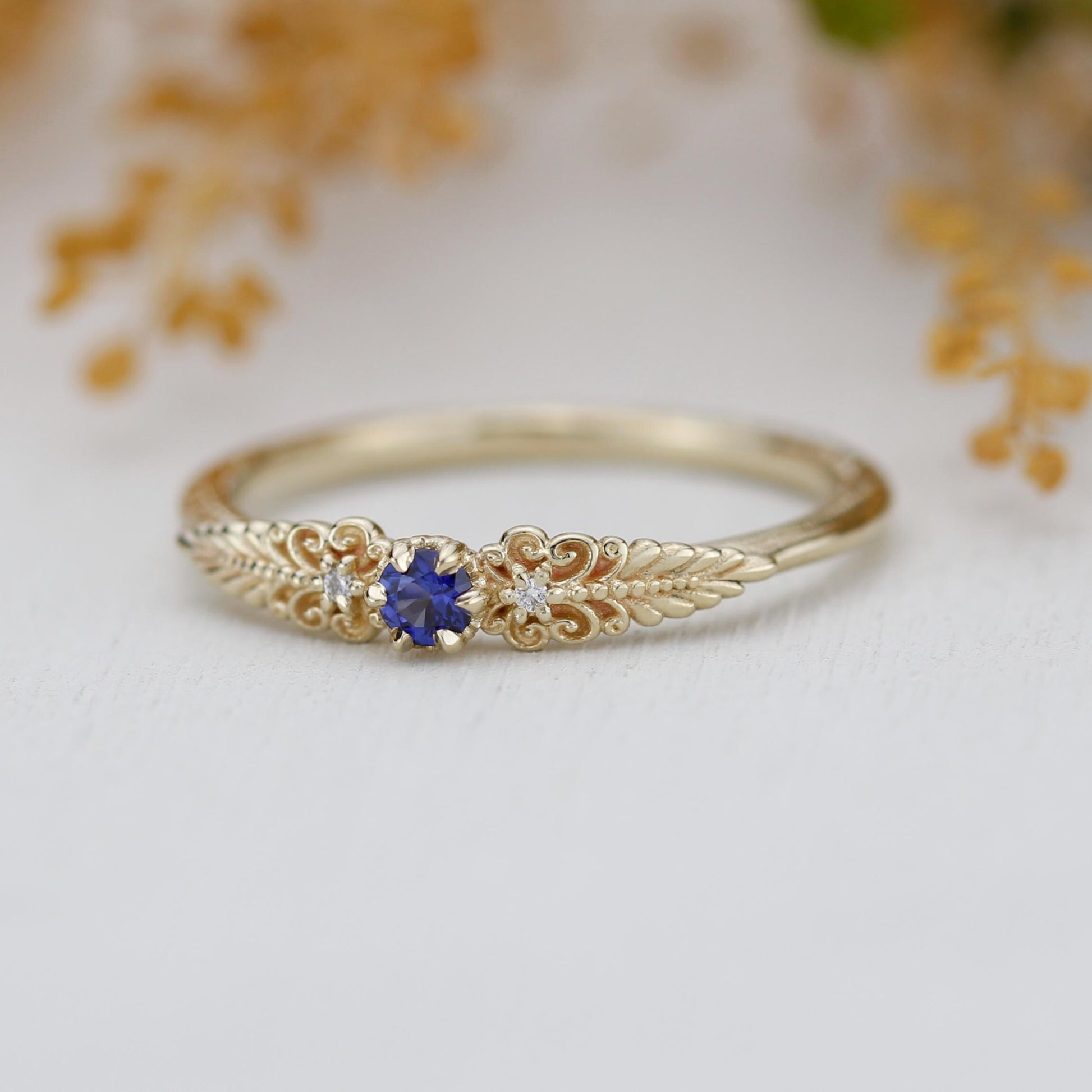 Vintage-Inspired Blue Sapphire and Diamond Ring in 18k solid Gold