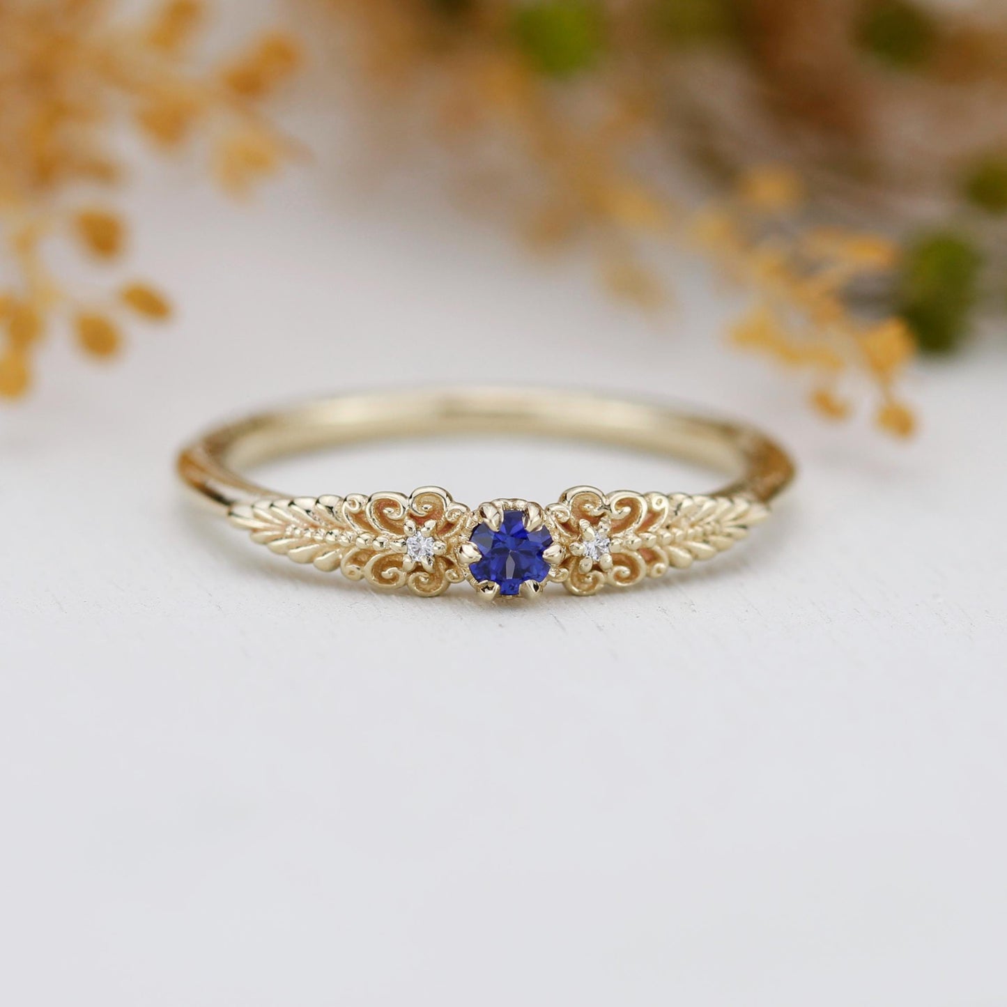 Vintage-Inspired Blue Sapphire and Diamond Ring in 18k solid Gold