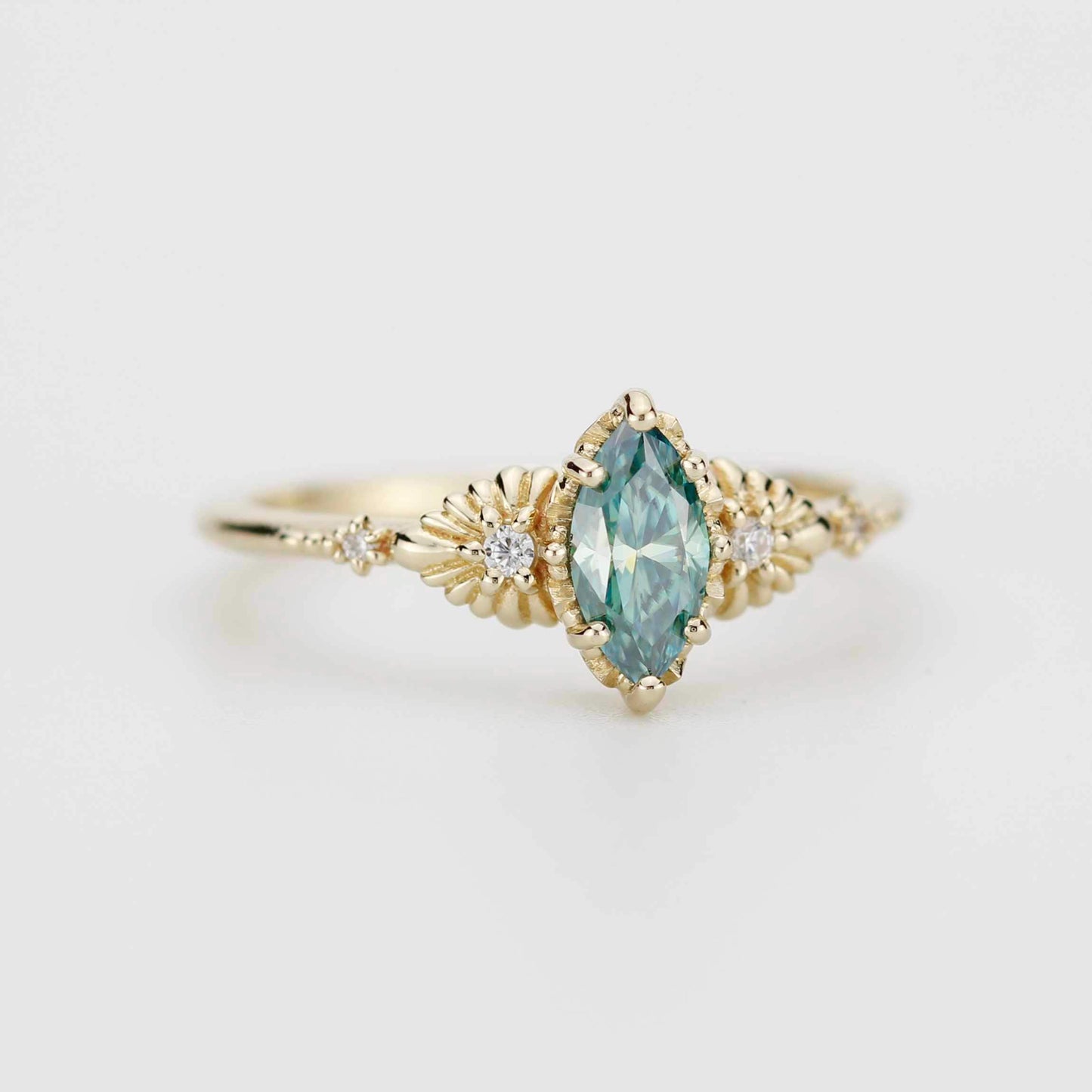 Marquise green moissanite engagement ring 18K handmade, diamond accent, eco-friendly