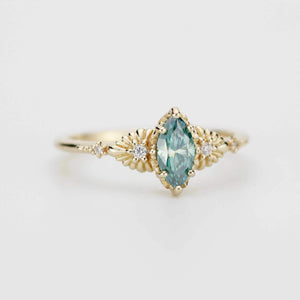 Marquise green moissanite engagement ring 18K handmade, diamond accent, eco-friendly