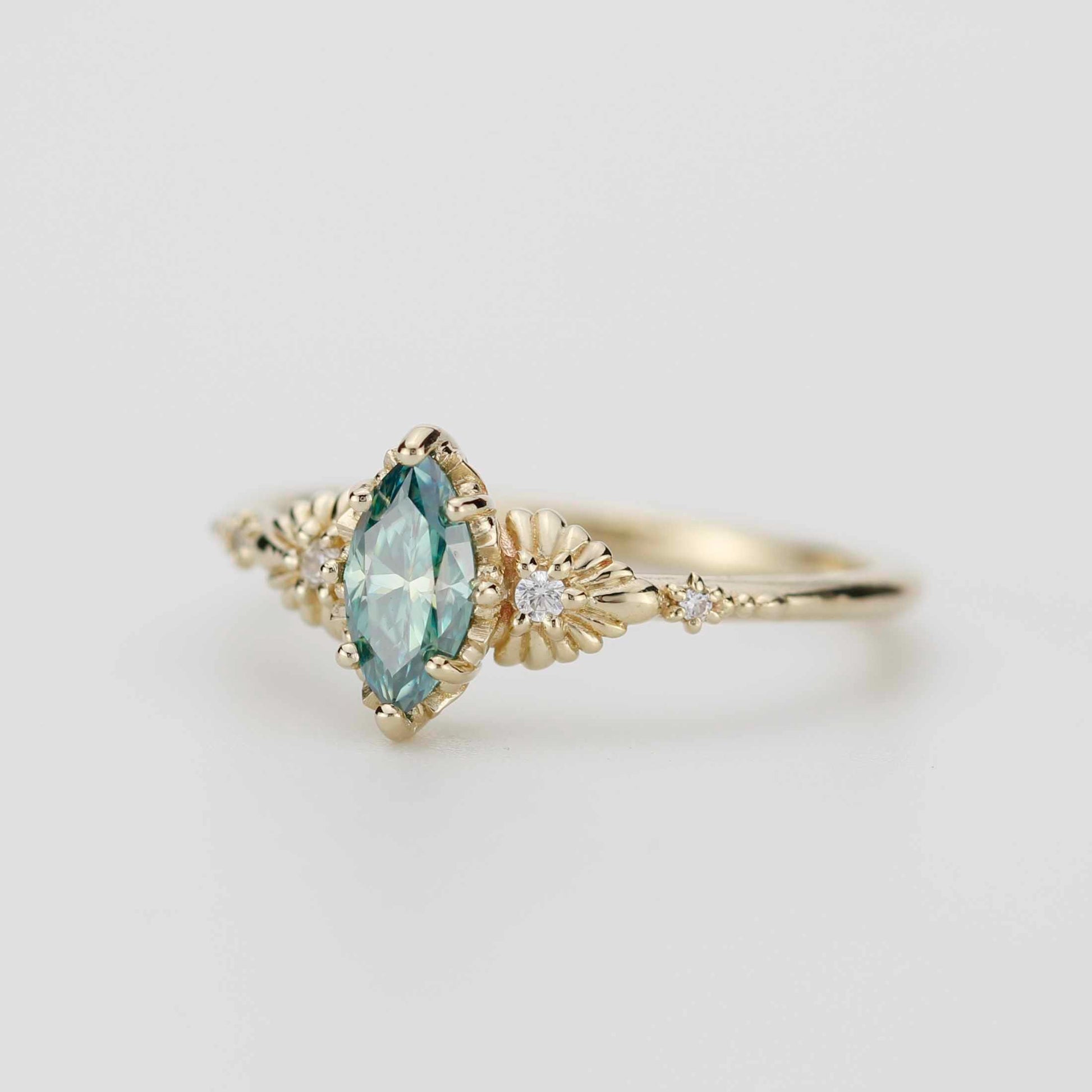 Marquise green moissanite engagement ring 18K handmade, diamond accent, eco-friendly