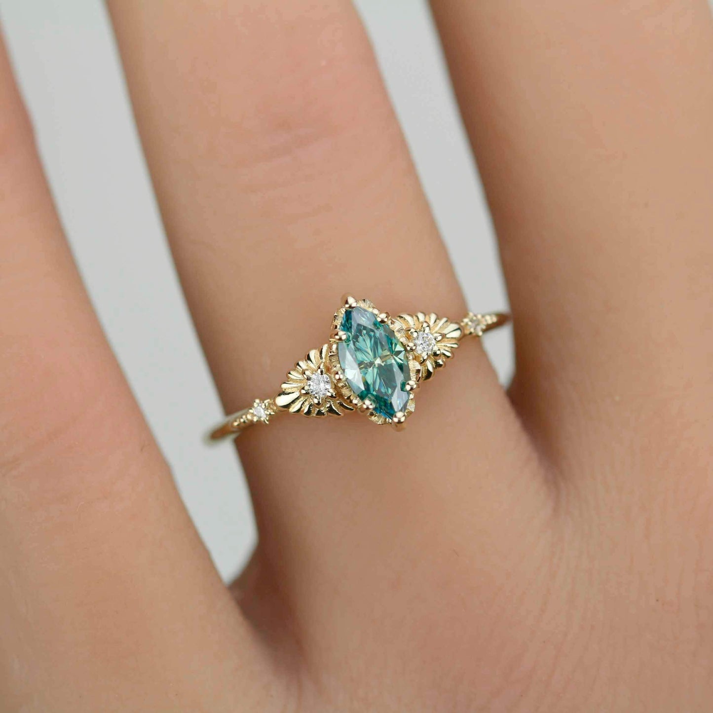 Marquise green moissanite engagement ring 18K handmade, diamond accent, eco-friendly