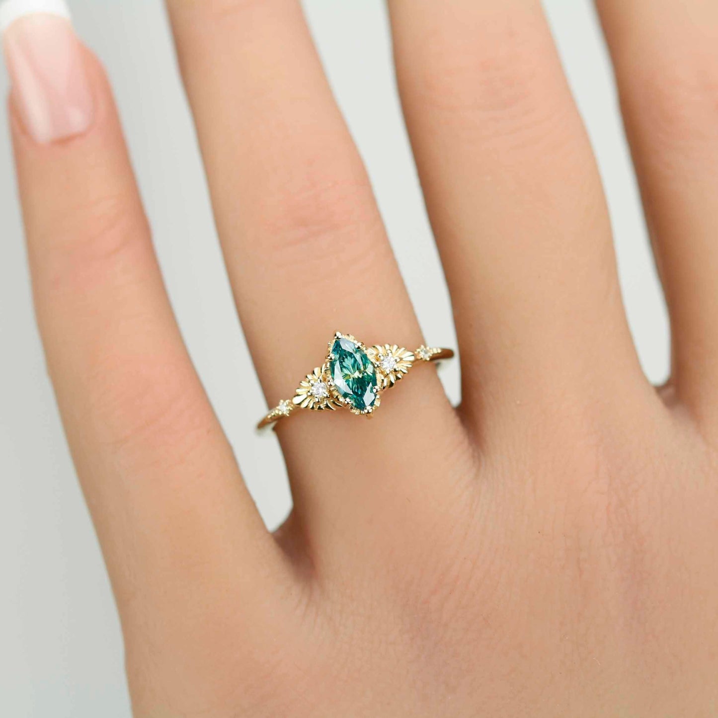 Marquise green moissanite engagement ring 18K handmade, diamond accent, eco-friendly