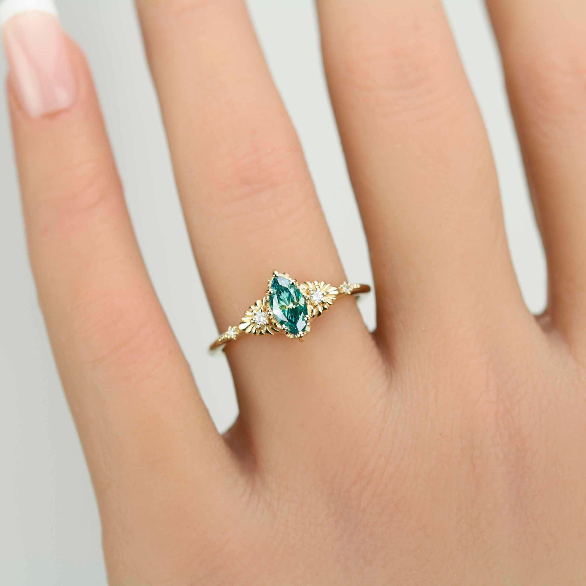 Marquise green moissanite engagement ring 18K handmade, diamond accent, eco-friendly