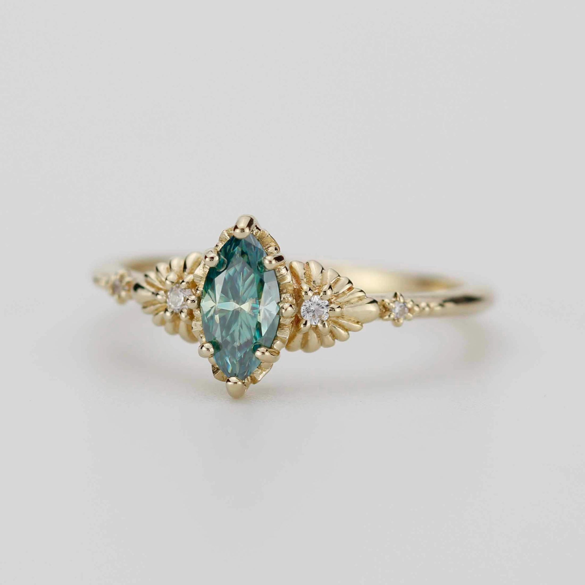Marquise green moissanite engagement ring 18K handmade, diamond accent, eco-friendly