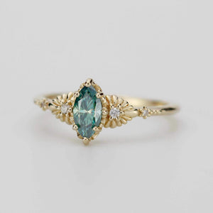 Marquise green moissanite engagement ring 18K handmade, diamond accent, eco-friendly