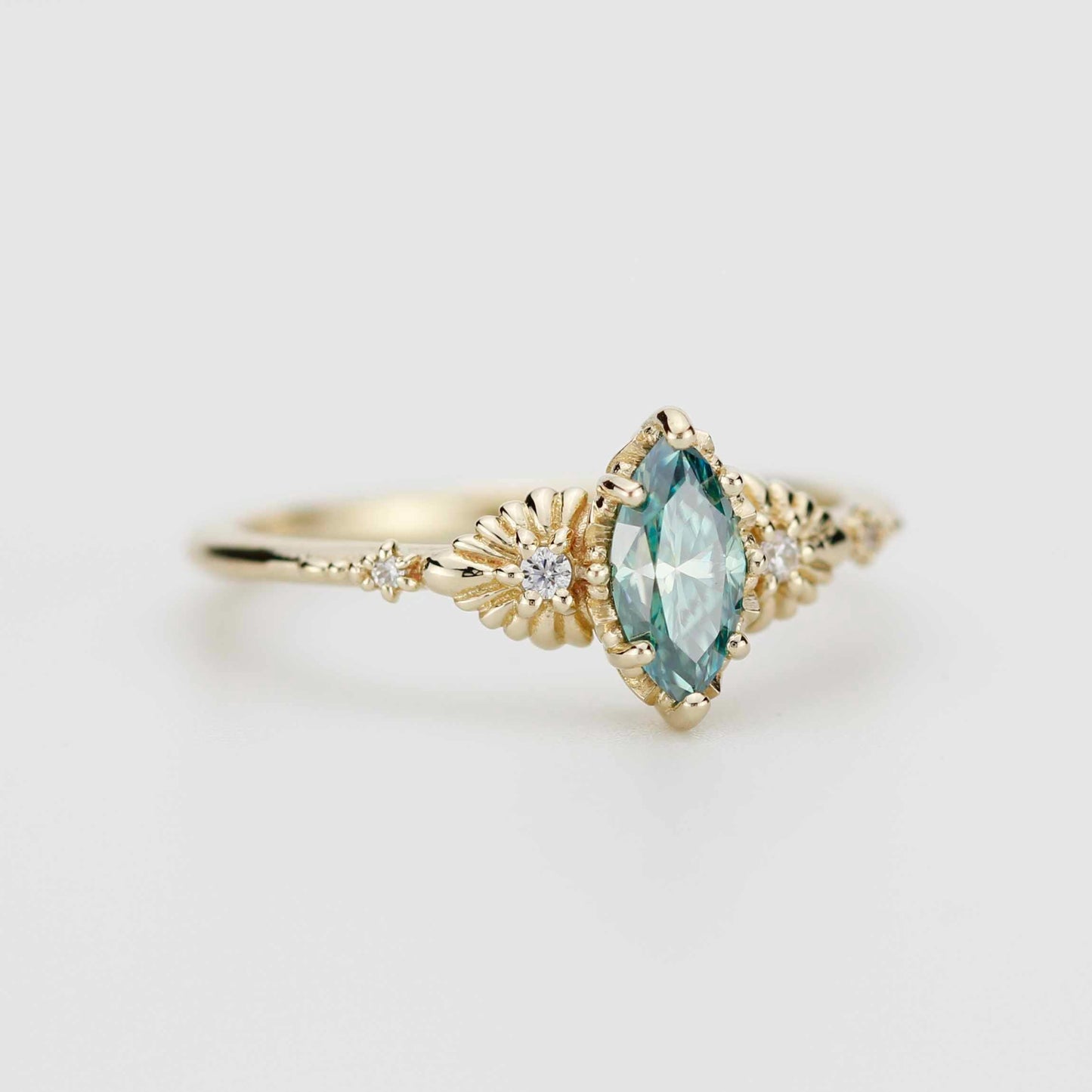 Marquise green moissanite engagement ring 18K handmade, diamond accent, eco-friendly