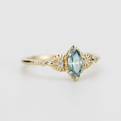 Marquise green moissanite engagement ring 18K handmade, diamond accent, eco-friendly