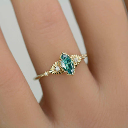 Marquise green moissanite engagement ring 18K handmade, diamond accent, eco-friendly