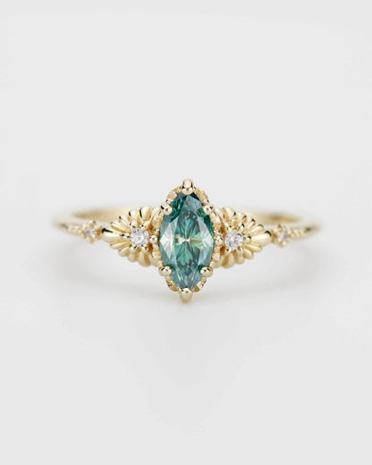 Marquise green moissanite engagement ring 18K handmade, diamond accent, eco-friendly