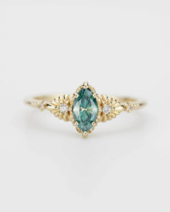 Marquise green moissanite engagement ring 18K handmade, diamond accent, eco-friendly