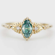 Load image into Gallery viewer, Lab green moissanite marquise ring with diamonds in 18k gold