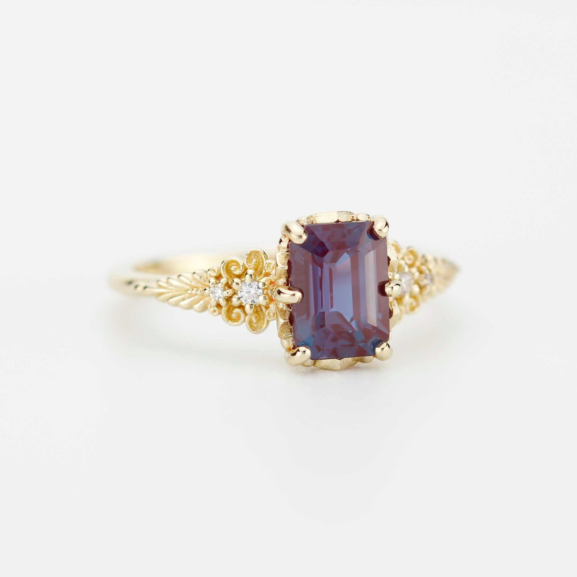 Alexandrite Diamond Ring 18K Gold Floral Engagement Ring Handmade Italian Heirloom Jewelry