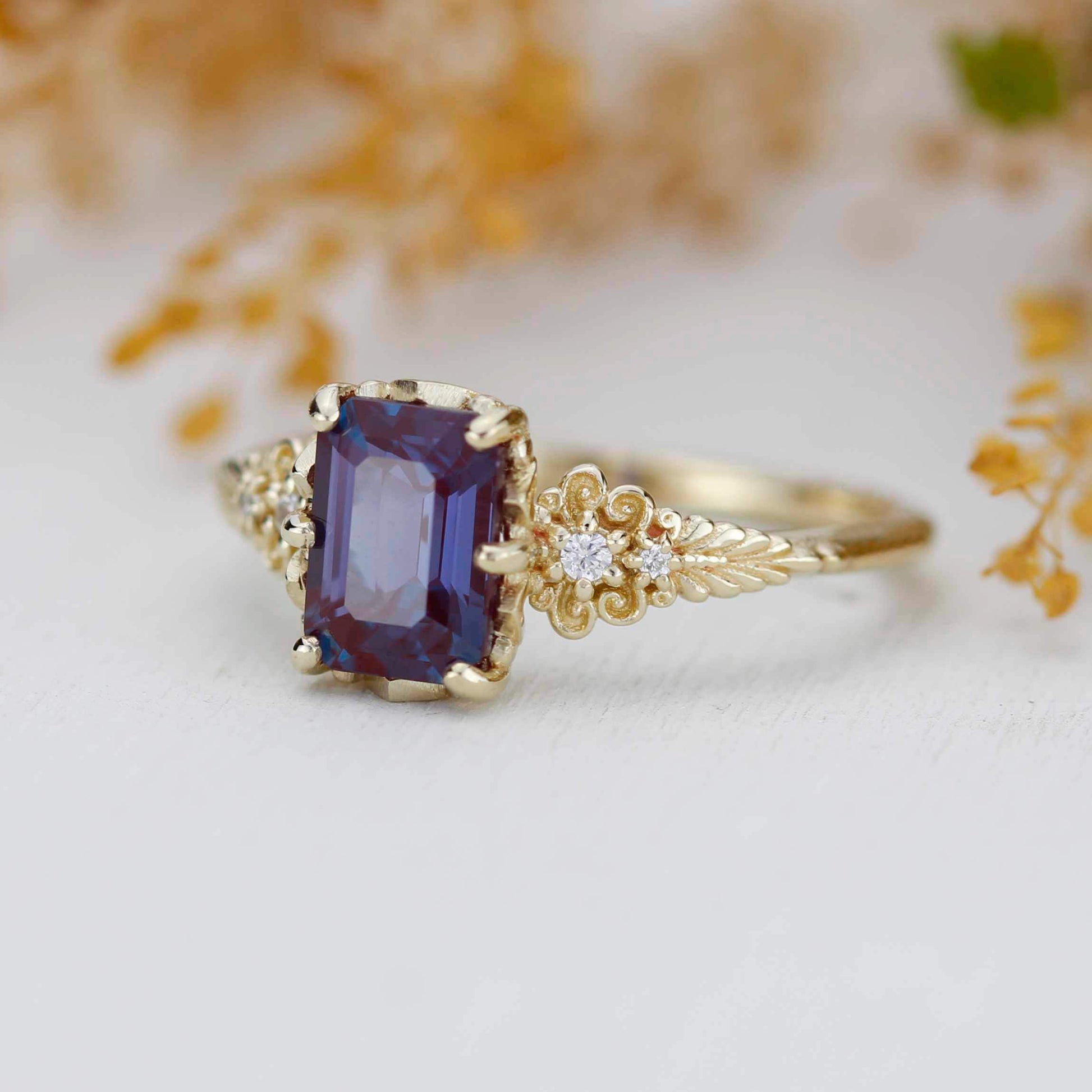 Alexandrite Diamond Ring 18K Gold Floral Engagement Ring Handmade Italian Heirloom Jewelry